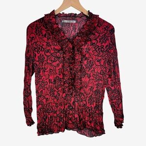 Vintage Red Black Lace Print Ruffle Blouse Size Small Button Front Romantic Goth